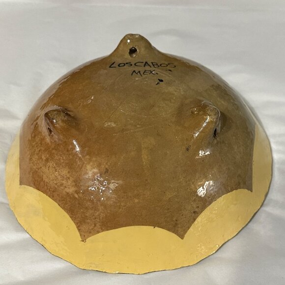 Unsigned Mexican Los Cabos tan teal purple gold footed pottery floral 9.5” dish - Picture 3 of 6